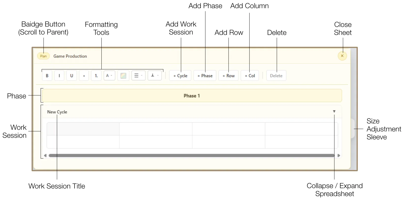 Game Production plan with development phases and technical cycles